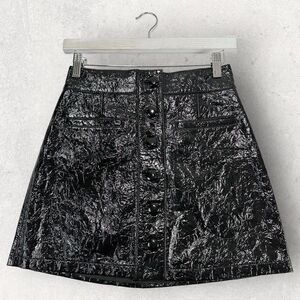 7 For All Mankind Black Patent Leather Skirt A-Line Texture Button Front XS NWT
